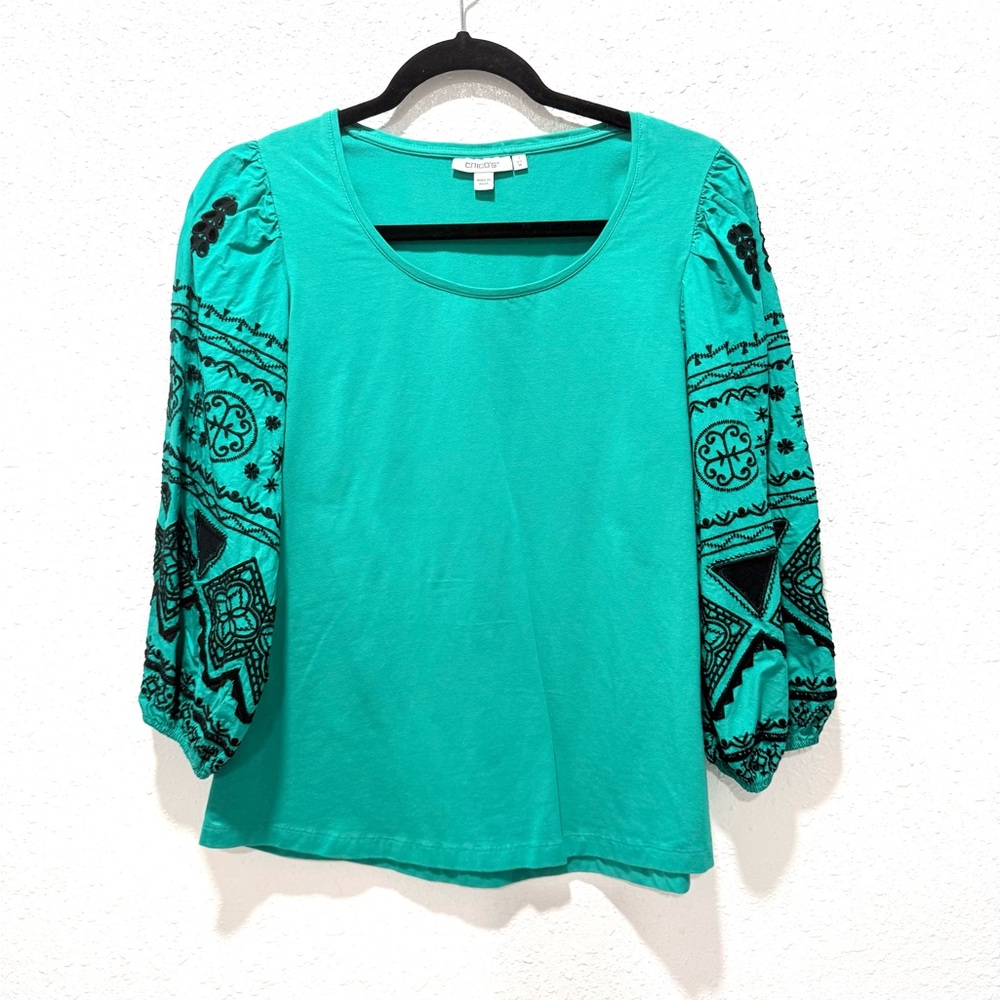 Chico's‎ Embroidered Puff Sleeve Popover Blouse M
